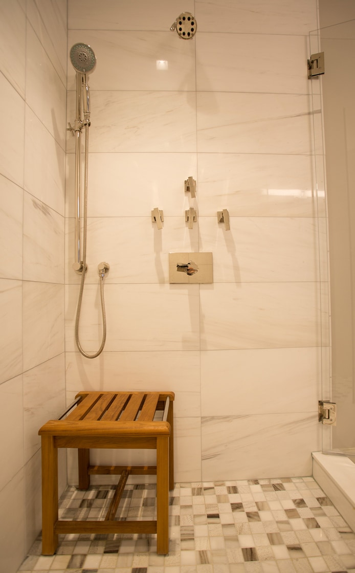 Roslyn bathroom walk-in shower designed by Annette Jaffe Interiors