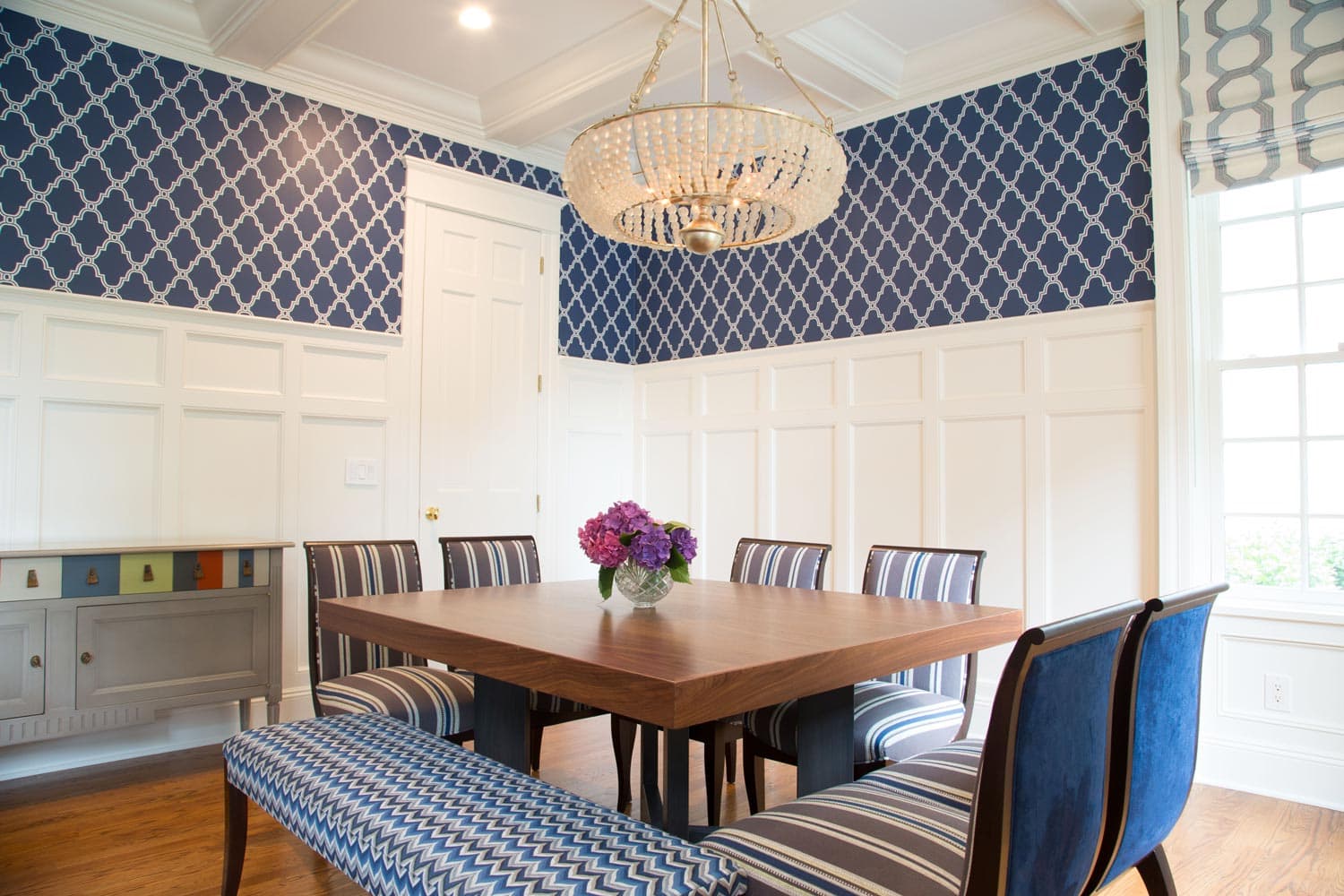 Dining room design by Annette Jaffe Interiors in a grand colonial home