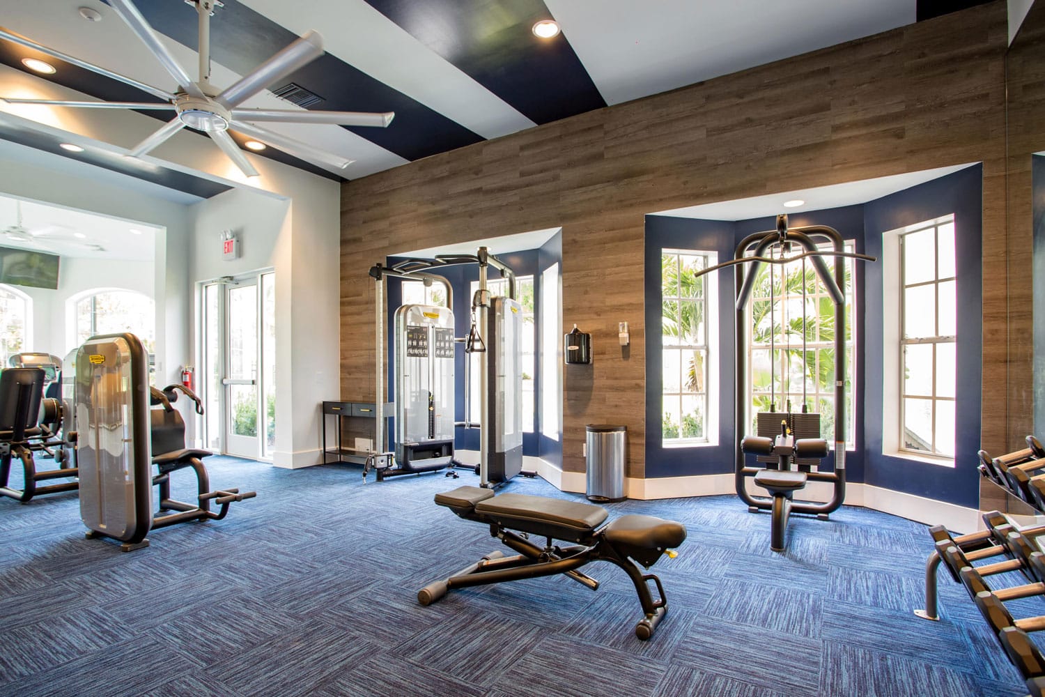 Grandeville at River Place apartment gym area designed by Annette Jaffe Interiors