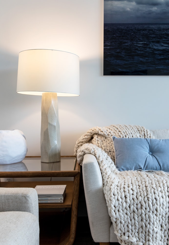 Hamptons boathouse living room sofa and side lamp