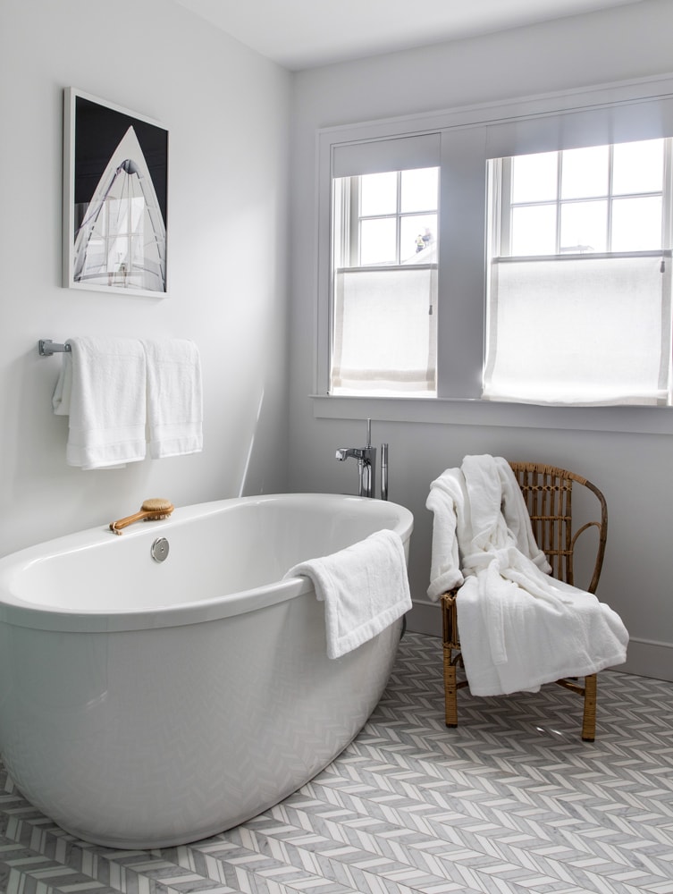 Master bathroom in a Hamptons boathouse designed by Annette Jaffe Interiors