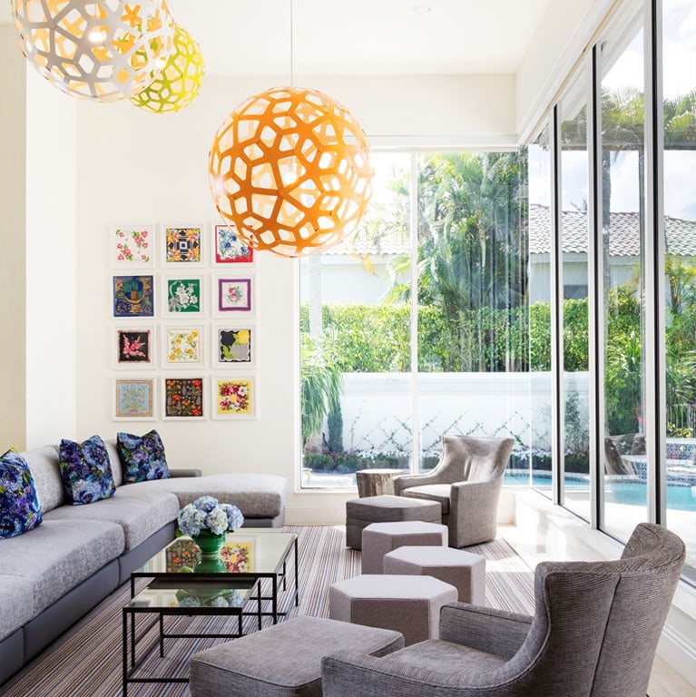 Boca Raton house luxe sunroom interior design by Annette Jaffe Interiors