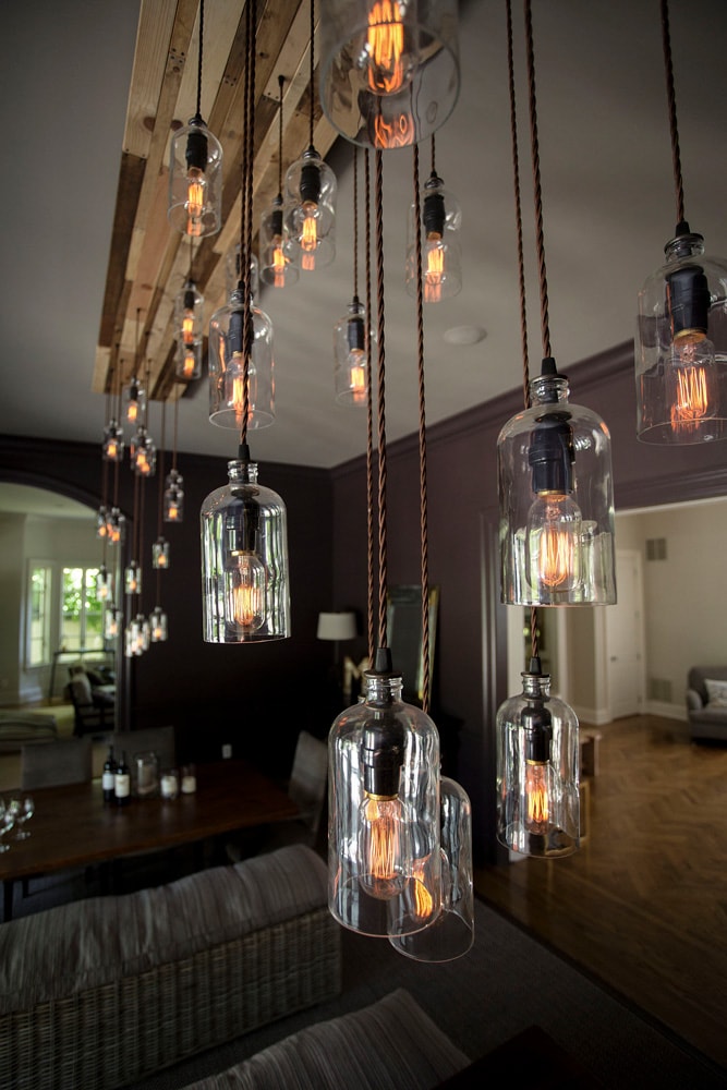 Dining room multi pendant chandelier in Harriman estates designed by Annette Jaffe