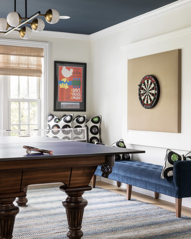 Game room interiors designed by Annette Jaffe Interiors in North Shore of Long Island